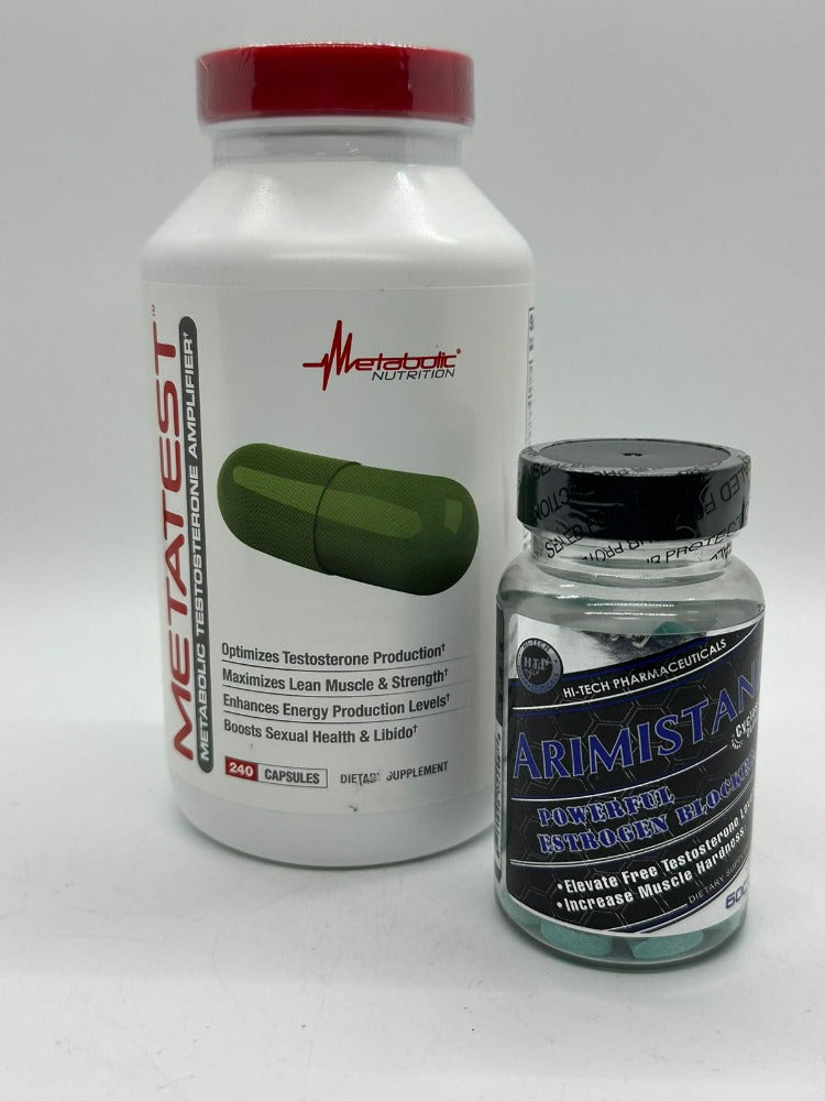 Metatest and Arimistane:  A stack for maximum male performance, Metabolic Nutrition Metatest and Hi-Tech Pharma Arimistane!  Build muscle, burn unwanted bodyfat, rest properly, and boost your libido with these 2 incredible products!